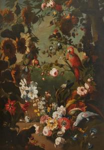 Floral still life with parrots by a follower of Jacob Bogdani (Dutch/Hungarian, 1660-1724) ($21,250).