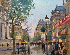 Two renderings by Constantin Kluge (French, 1912-2003) included this Parisian cityscape titled Place de la Madeleine, signed ($ 9,840).