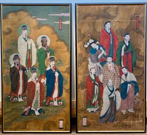 Pair of Chinese painted panels, each painted in ink and color on silk with immortals, 60 inches by 32 inches ($ 7,380).