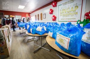 Bags containing dry food items, canned goods, and hand sanitizers, prepared by the Iglesia Ni Cristo (Church Of Christ) for distribution to the residents of High Prairie, Alberta, Canada