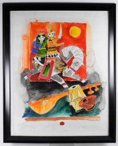 Cubist figurative watercolor by Maqbool Fida Husain (India, 1915-2011) ($ 10,625).