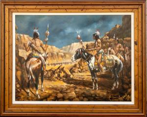 1982 painting of Native Americans on horseback on top of bluffs looking down on cavalry bluffs by Americo Makk (1927-2015), titled Too Many Guns ($2,250).
