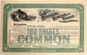 1891 stock certificate for the Missouri, Kansas and Texas Railway Company for 100 shares, issued to John D. Rockefeller, signed by Rockefeller, with a vignette ($750).
