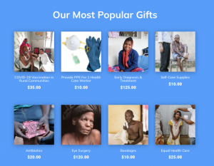 Our most popular gifts screen shot of www.effecthope.org/gifts top choices in their Christmas and holiday gift catalogue.