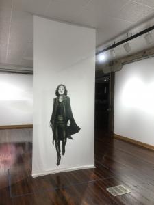 Installation comprising of sheer fabric printed with large-scale drawing of Nirbhaya Superheroine.