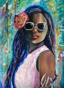 Mixed media painting of an African-American woman with long dark hair and sunglasses.