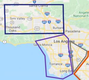 Cantor Driving School Service Area Map for LA County and Southeast Ventura County, California