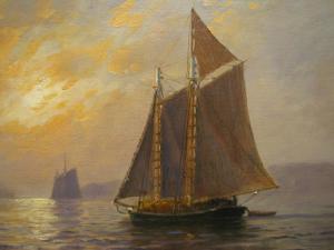 Oil on canvas by Fred Pansing (NY/Germany, 1844-1912), depicting Hudson River schooners sailing the widest part of the Hudson River, painted circa 1880.