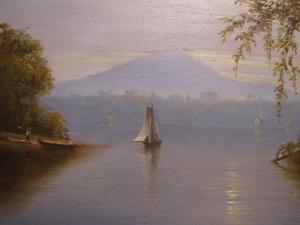 Oil on canvas View of Sugarloaf Mountain on the Hudson River with sailboat by Norton Bush (1834-1894), artist signed and dated 1874.