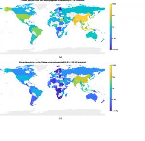 目前生活于陆地的人类预计在之后数个世纪(a)及2100年(b)因海平面上升所受影响（Climate Central数据）