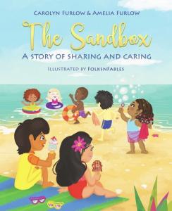 The characters of The Sandbox Series are playing together at the beach. Alba and Abul are sitting on a beach towel eating ice cream together while Imani is blowing bubbles and the other characters of the series are running towards the water.
