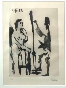 Aquatint by Pablo Picasso from the Artist's Moving Sand (1964), published in 1966, of a painter and model (estimate: $2,000-$4,000).