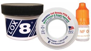 Fluoramics LOX-8® Paste, Fluoramics oxygen-safe PTFE tape, and LOX-8 NF Oil