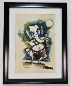 Watercolor painting by Maqbool Fida Husain (India, 1913-2011), a polychrome rendering of a dancing Ganesha (estimate: $8,000-$12,000).