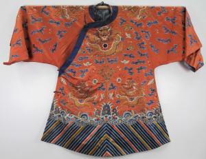Chinese dragon robe in gold thread from the Qing dynasty (1644-1912), a beautiful high quality antique robe, 29 inches long (estimate: $2,000 - $3,000).