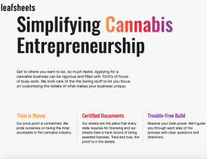 Leafsheets home page image explaining simplification of cannabis entrepreneurship.  Get to where you want to be, so much faster. Applying for a cannabis business can be rigorous and filled with 1000’s of hours of busy work. We took care of the the boring 