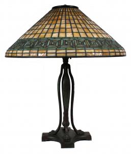 Tiffany Studios bronze and lead glass Greek key lamp.