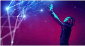 Purple background with young person reaching out to lines of network representing NLP