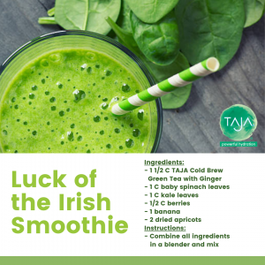 TAJA's Luck of the Irish Smoothie recipe, including an image of a green smoothie, with the recipe ingredients below.