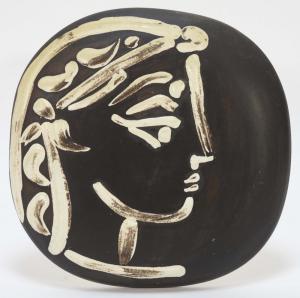 Ceramic faceplate by Pablo Picasso (Spain, 1881-1973) for Madoura, titled Jacqueline's Profile (est. $2,500-$4,000).