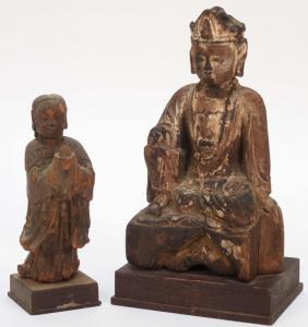Pair of Chinese carved wooden figurines, including a Guan-Yin, from the late Ming dynasty or early Qing dynasty (est. $500-$800).