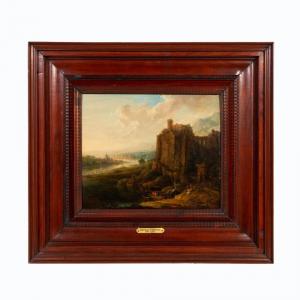 Oil on wood board attributed to Herman Saftleven (Dutch, 1609-1685) titled Rhenish Landscape with Castle, measuring 9 ¾ inches by 11 inches (est. $10,000-$20,000).