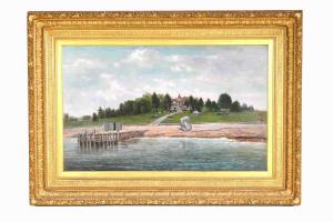 Oil on canvas painting by Frank Henry Shapleigh (American, 1842-1906), titled Waterfront Estate, Great Bay, Portsmouth, NH.