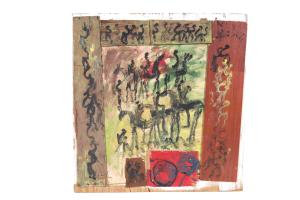 Untitled (Figures on Horseback) mixed media work by Purvis Young (American, 1943-2010).