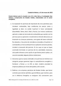 First (of five) pages of talking points for AMLO's meeting with John Kerry, March 31, 2022