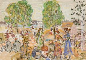 Watercolor and pastel on paper by Maurice Prendergast (American, 1858-1924), titled Picnic, signed (est. $50,000-$75,000).