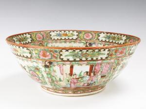 Large, 19th century Chinese rose medallion punch bowl is nicely painted with good detail and features alternating panels of flowers and birds (est. $600-$800).