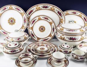 Large service for twelve with serving pieces by Wedgwood in the Columbia pattern, including eight Leigh-shaped cups, six Avon cups (est. $500-$800).