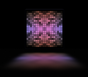 A symmetric grid of multicolored squared with a purpleish hue.
