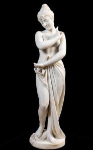 Classical early 20th century Continental School semi-nude female marble sculpture, approximately 45 ¼ inches tall, circa 1902-1909 ($20,000).