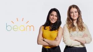Beam's Co-Founders, Viveka Hulyalkar & Alex Sadhu, smiling and standing next to the Beam logo.