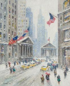 Oil on canvas by Guy Carleton Wiggins (American, 1883-1962), titled Broad St. And The Sub Treasury, signed ($112,500)