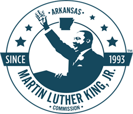 Arkansas Martin Luther King, Jr. Commission logo, blue with photo of Dr. King