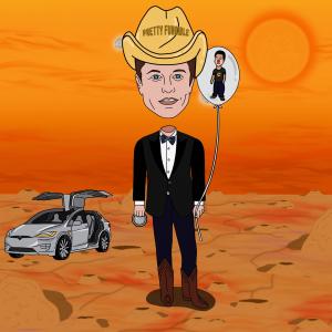 Elon stands on Mars donning a "pretty fungible" hat and a Met Gala approved tux while holding a crypto clown balloon in one hand and precious nickel in the other. Flanked by an EV silver beauty, it's no wonder he has a mountain blue glint in his eye.