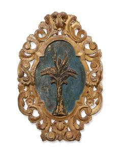 Early 18th century Italian Baroque parcel ebonized giltwood and blue painted oval plaque, 42 inches tall ($8,750).