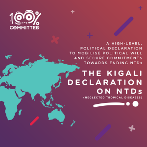 Picture of the world. Text reads: a high-level, political declaration to mobilise political will and secure commitments towards ending NTDS. THE KIGALI DECLARATION ON NTDS (neglected tropical diseases)