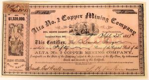 Alta No. 2 Copper Mining Company stock certificate issued on Sept. 22, 1863 (est. $4,800-$10,000).
