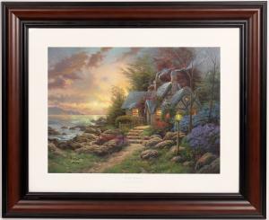 Group of six framed Thomas Kinkade reproduction prints, not signed or numbered. These are reproductions of paintings of cottages, bridges, and landscapes. (est. $300-$400).