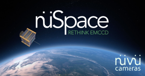 The background is a view of Earth from space with a Cubesat in orbit. Logo of Nuvu Cameras is on the bottom right and the new logo NuSpace product logo is centered with the catchphrase "Rethink EMCCD"