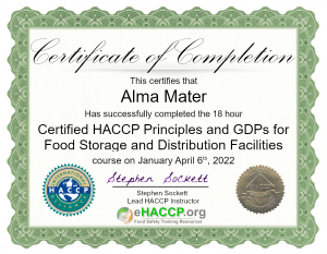 HACCP certification for storage and distribution