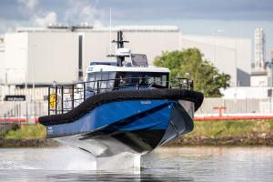 Artemis Technologies' 11.5m multi-purpose, zero-emission workboat foiling in Belfast Harbour