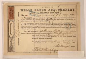 Rare and important Wells Fargo Company (Omaha, Neb.) stock certificate #647 for 100 shares, issued in 1870 to Henry Wells, one of the co-founders of American Express in 1850 ($2,875).