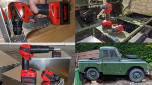 The KwikPro motor handle is shown with a refurbished and electrified Classic Land Rover battery box with a rotary drill attachment and impact wrench attachment.