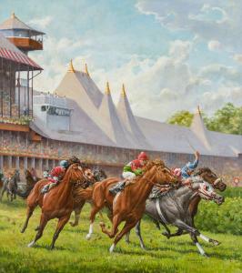 Oil on canvas by Jenness Cortez (American, b. 1944), titled Saratoga Horse Race, signed, 36 ¼ inches by 32 inches (Estimate: $6,000 - $8,000).