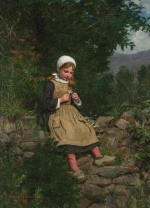 Oil on canvas by Jennie Augusta Brownscombe (American, 1850-1936), titled Girl with Flower, signed and dated, 23 inches by 17 inches (Estimate: $3,000 - $5,000).