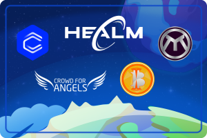 Partnership banner featuring logos of Healm, Coreto, BitBall, ANGEL, and Metrix Coin